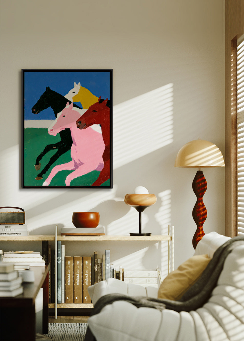 Quadro quatro cavalos em corrida e cores lisas