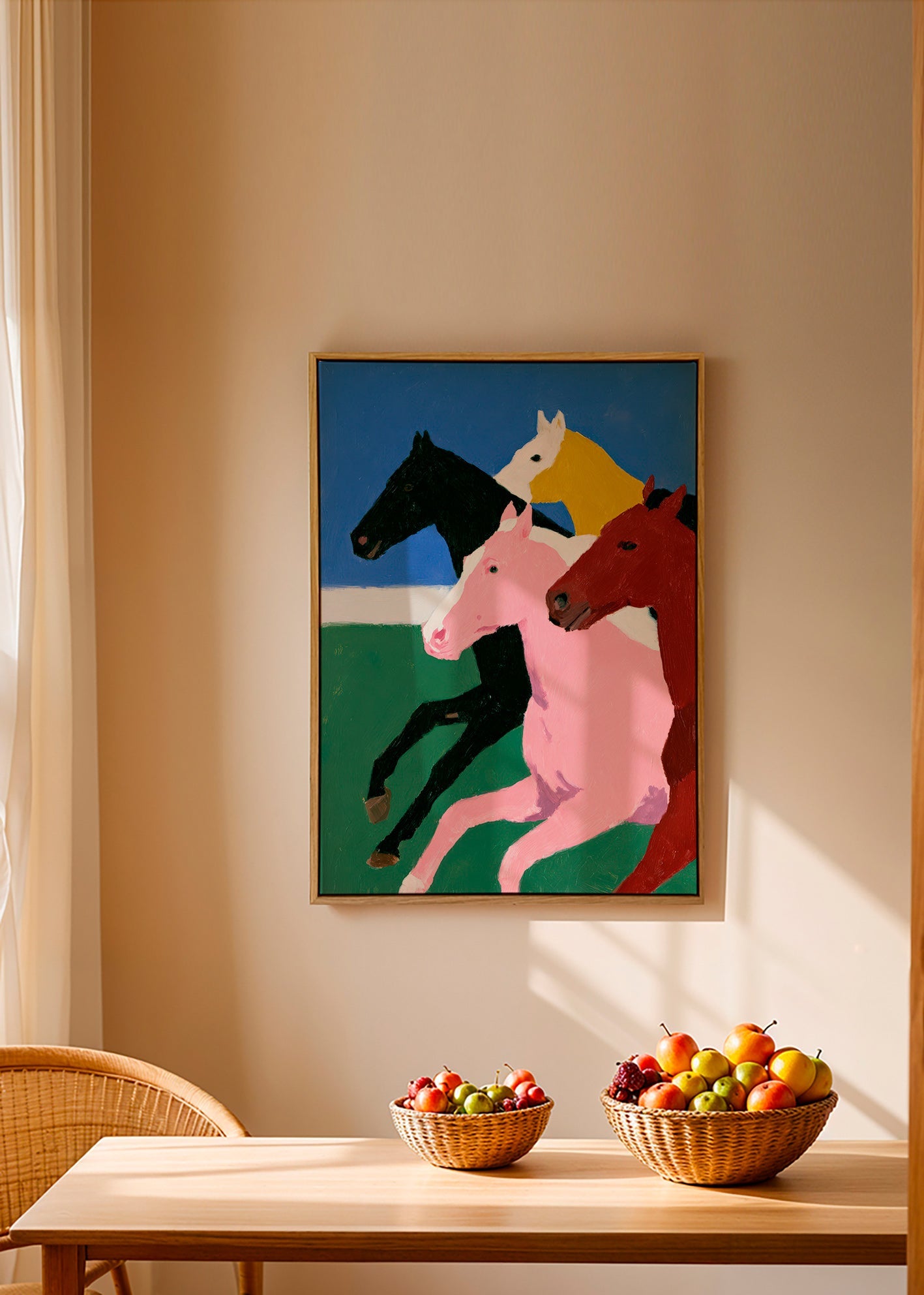 Quadro quatro cavalos em corrida e cores lisas