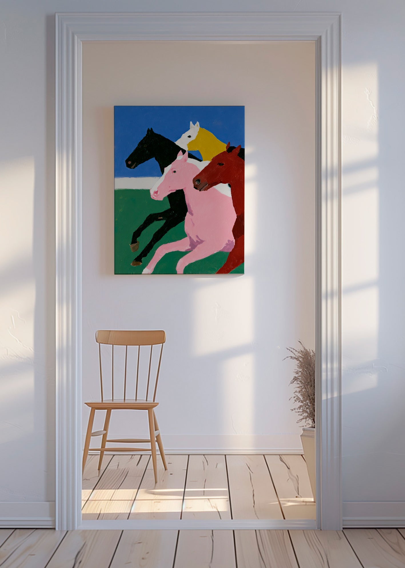 Quadro quatro cavalos em corrida e cores lisas