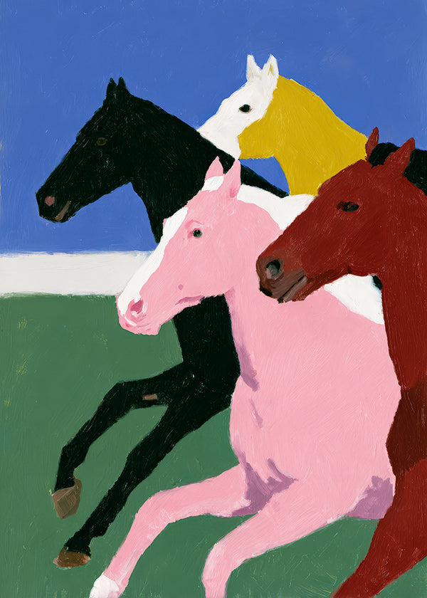 Quadro quatro cavalos em corrida e cores lisas