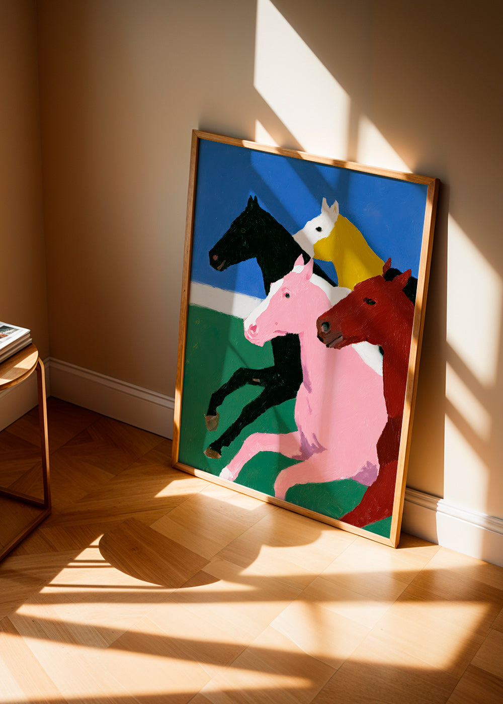 Quadro quatro cavalos em corrida e cores lisas