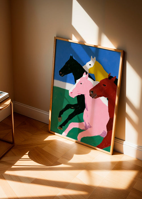 Quadro quatro cavalos em corrida e cores lisas
