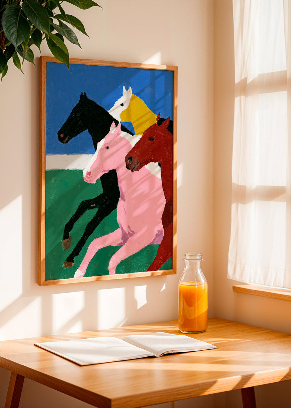 Quadro quatro cavalos em corrida e cores lisas