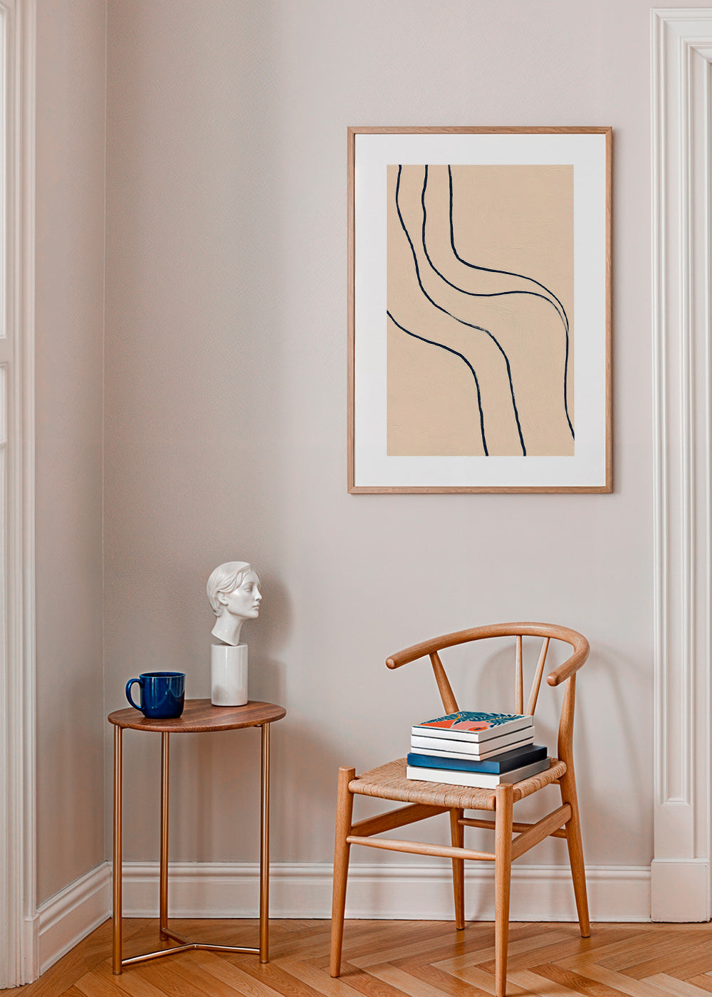 Quadro minimalista com linhas fluidas em bege