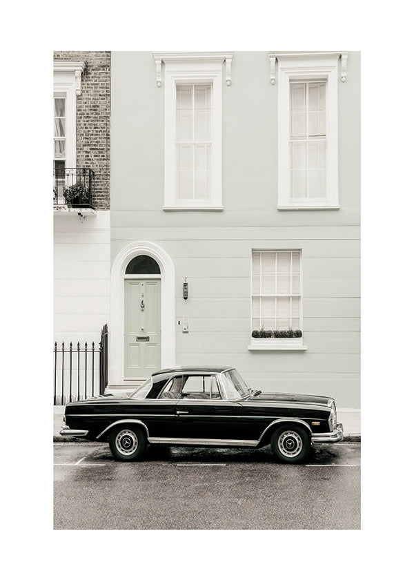 Estampa vintage carro clássico em fachada urbana