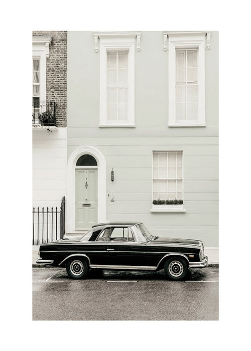 Estampa vintage carro clássico em fachada urbana
