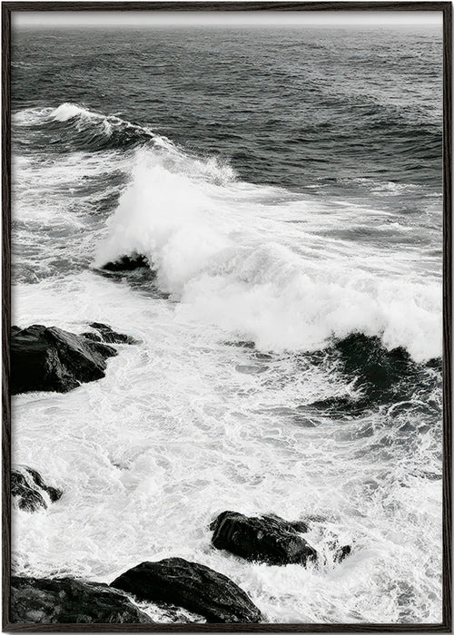 Quadro de paisagem marinha a preto e branco com ondas