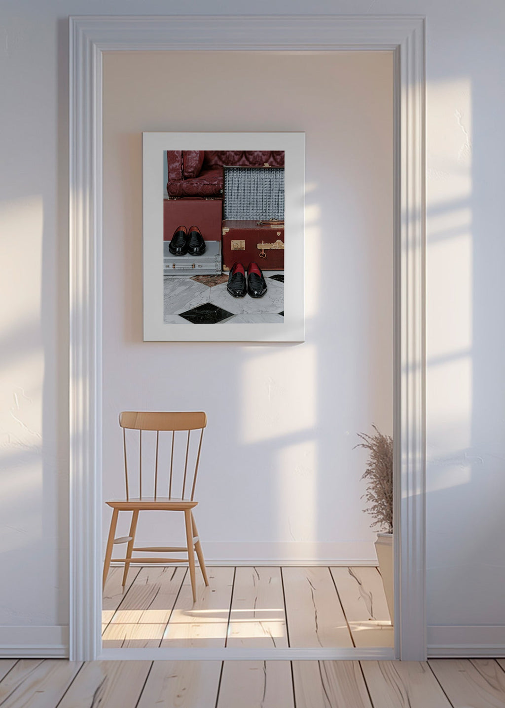 Quadro de viagem com malas vintage e sapatos engraxados