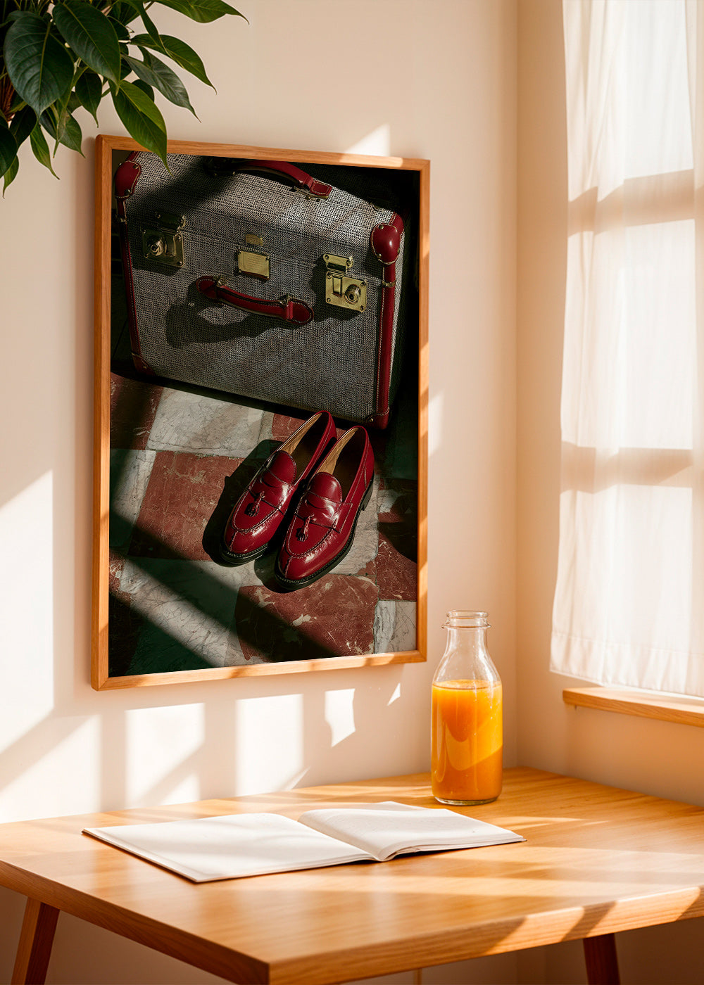 Fotografia de viagem com mala vintage e sapatos vermelhos