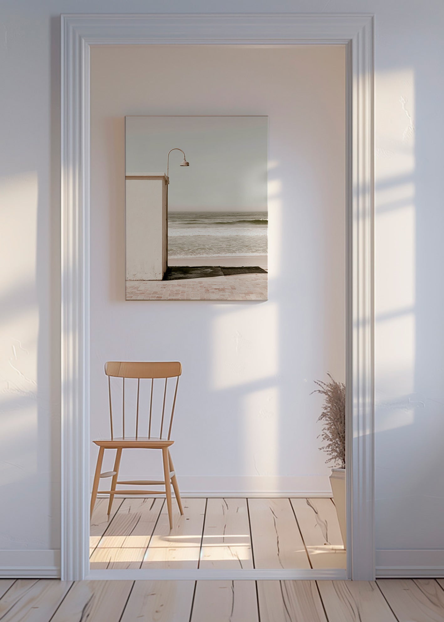 Quadro de paisagem praia com lâmpada de parede