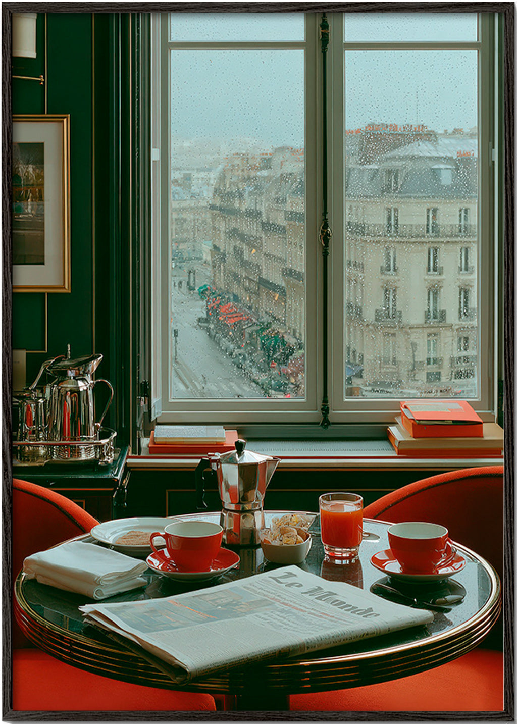Arte para cozinha com janela parisiense e café