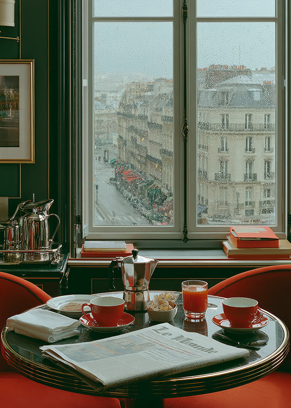 Arte para cozinha com janela parisiense e café