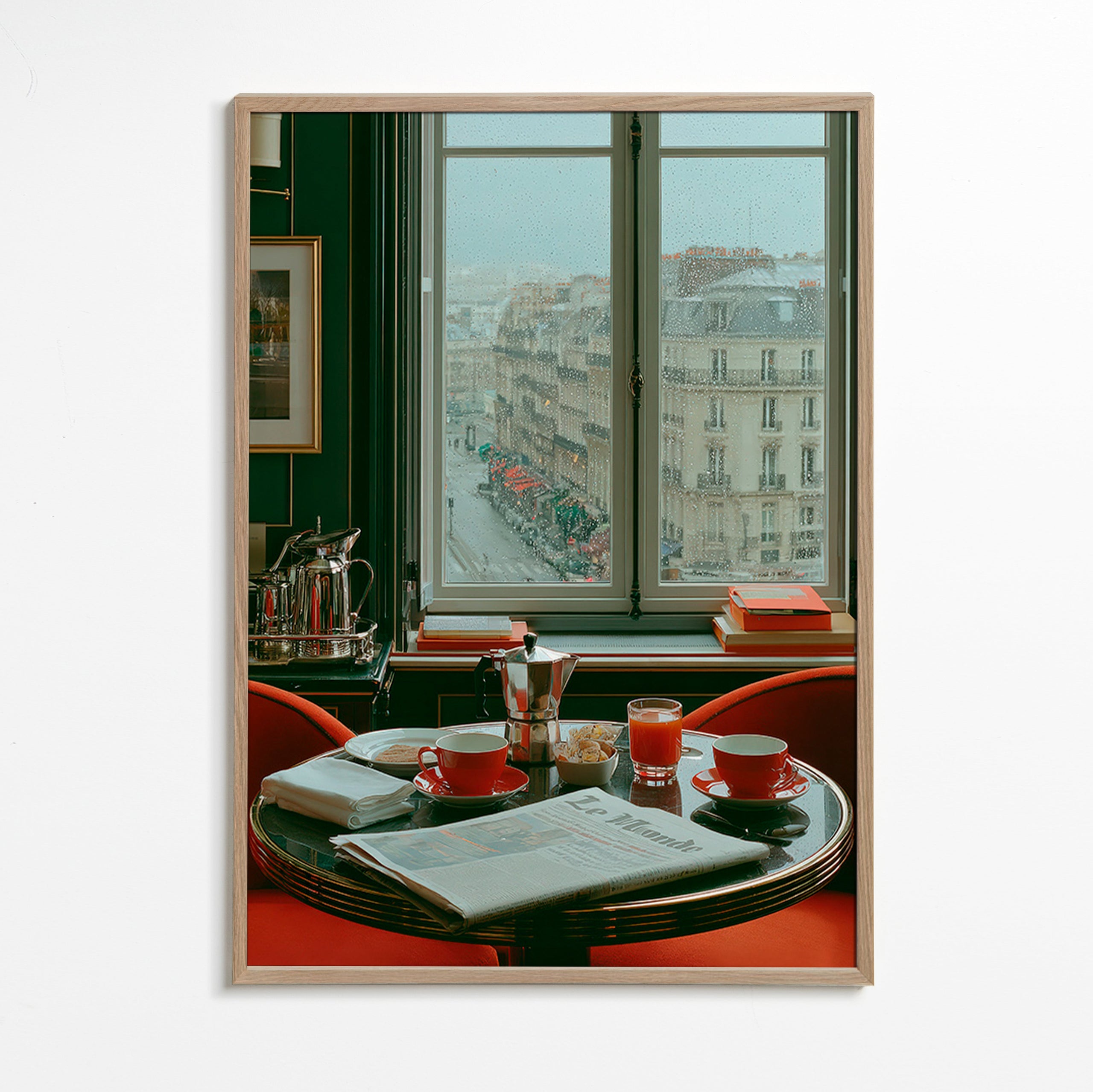 Arte para cozinha com janela parisiense e café