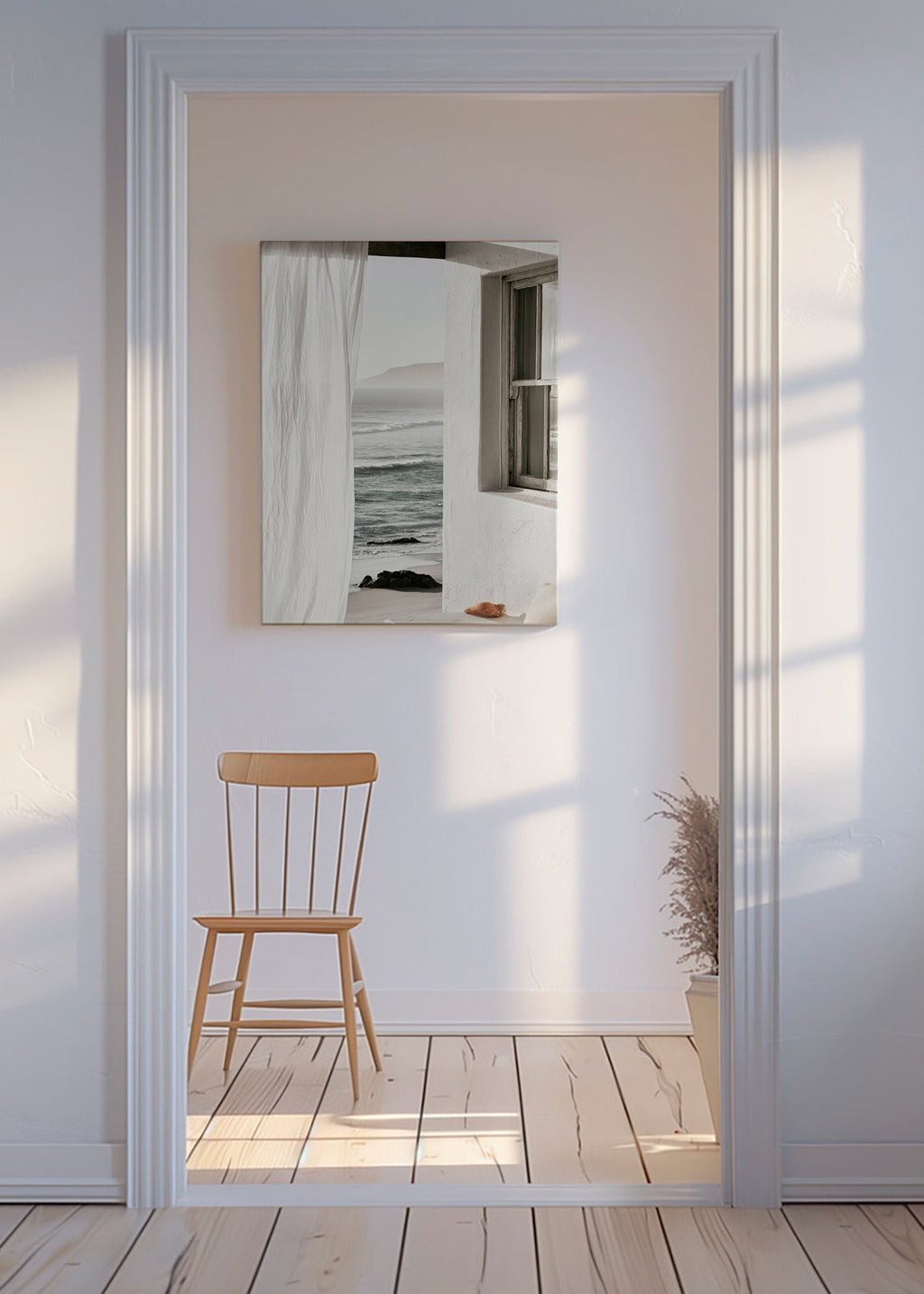 Quadro de paisagem com janela para o mar
