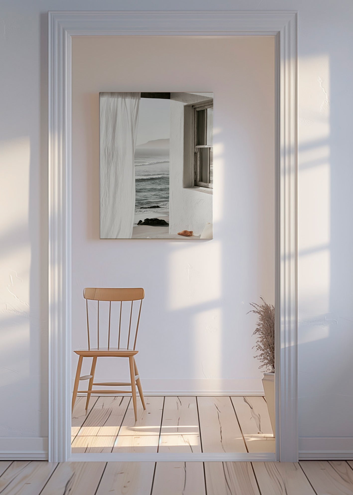 Quadro de paisagem com janela para o mar