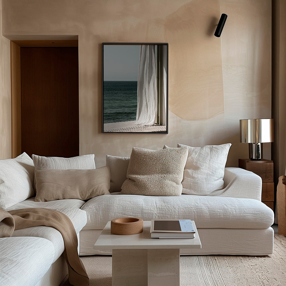Quadro de paisagem com cortina junto ao mar