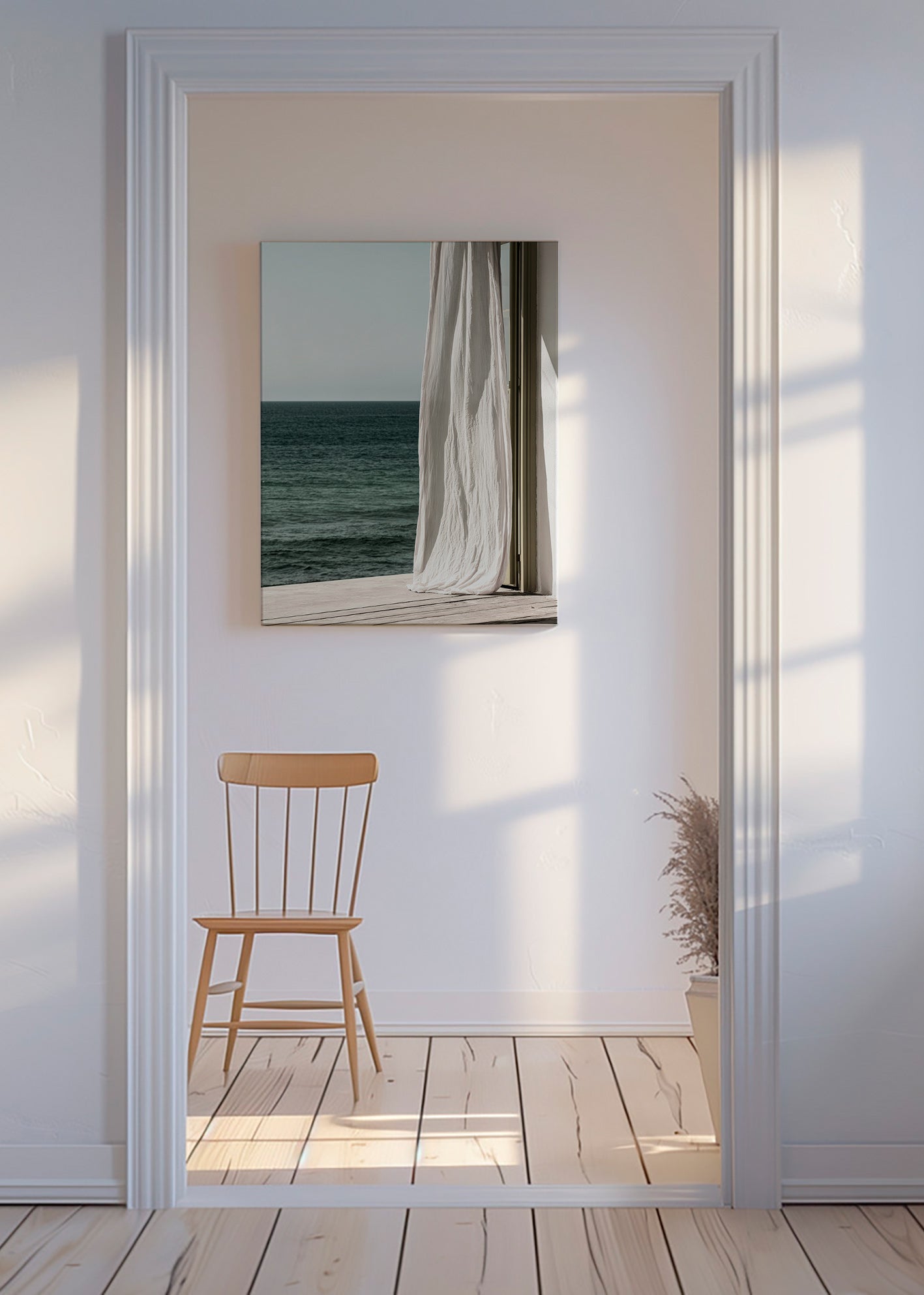 Quadro de paisagem com cortina junto ao mar