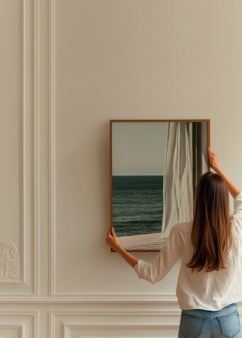 Quadro de paisagem com cortina junto ao mar