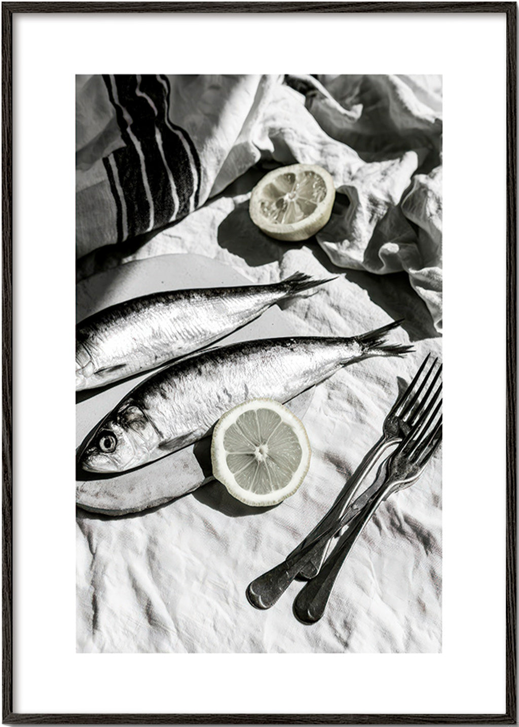 Arte para cozinha: sardinhas e limão monocromático