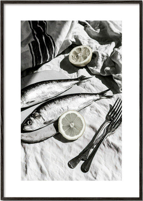 Arte para cozinha: sardinhas e limão monocromático