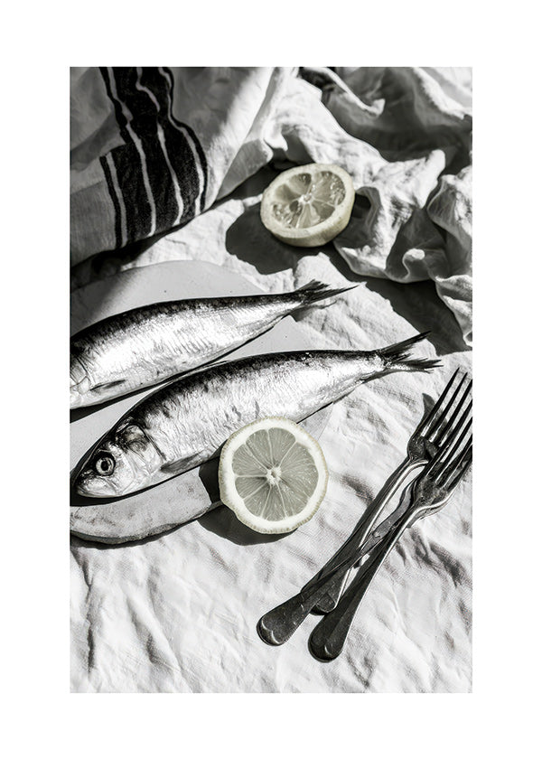 Arte para cozinha: sardinhas e limão monocromático