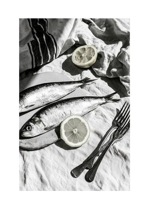 Arte para cozinha: sardinhas e limão monocromático