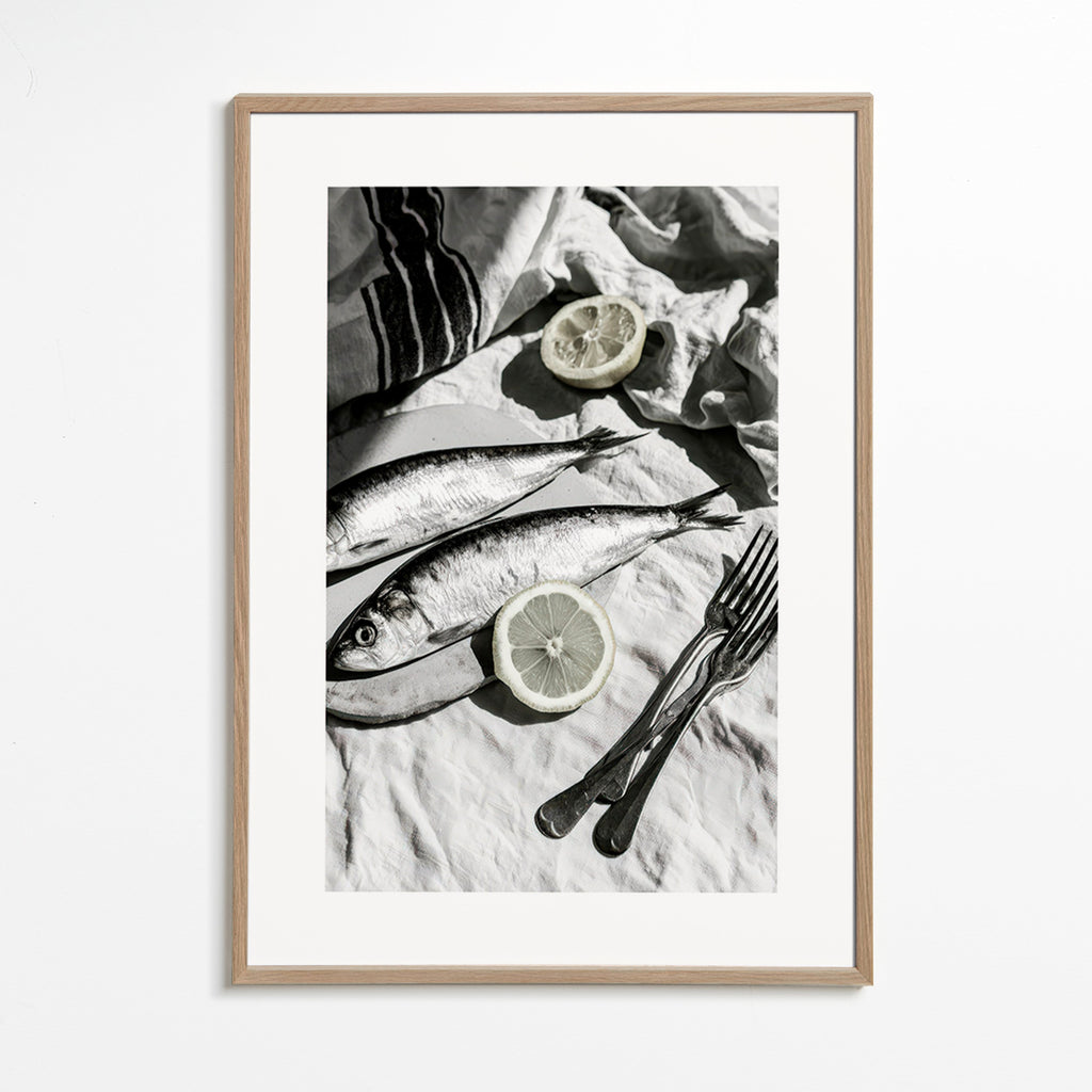 Arte para cozinha: sardinhas e limão monocromático