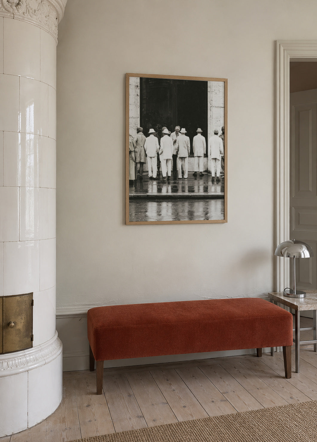 Men in White - Framed poster in an interior