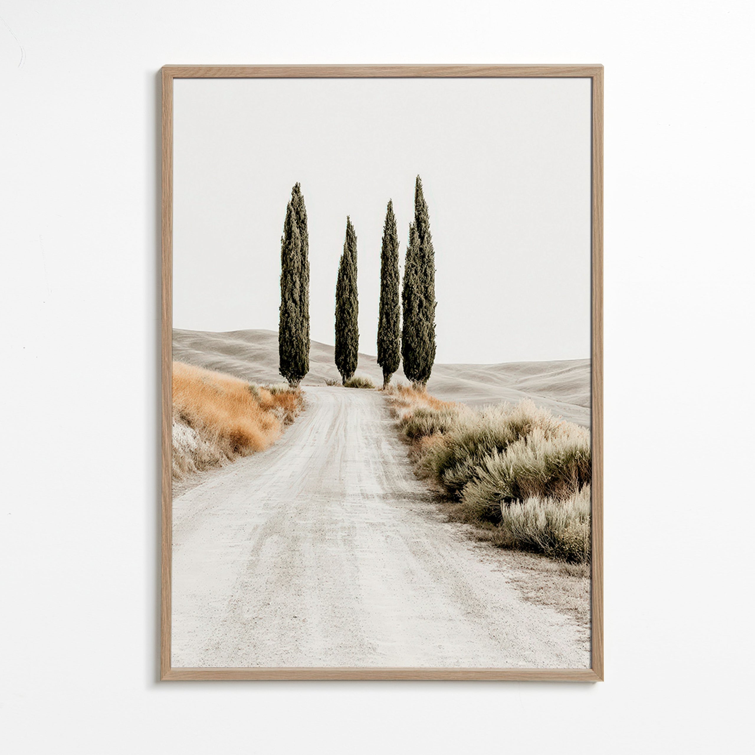Quadro de paisagem com ciprestes na estrada