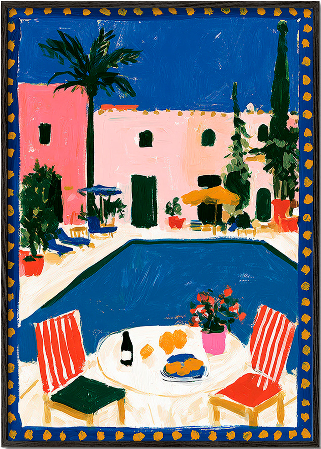 Poster de viagem: vila rosa com piscina