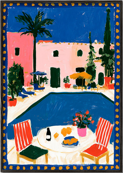 Poster de viagem: vila rosa com piscina