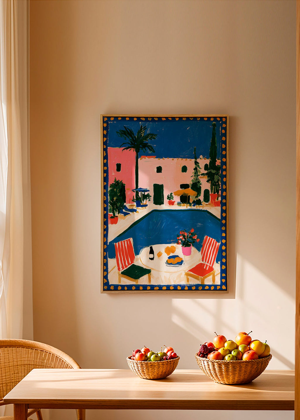 Poster de viagem: vila rosa com piscina