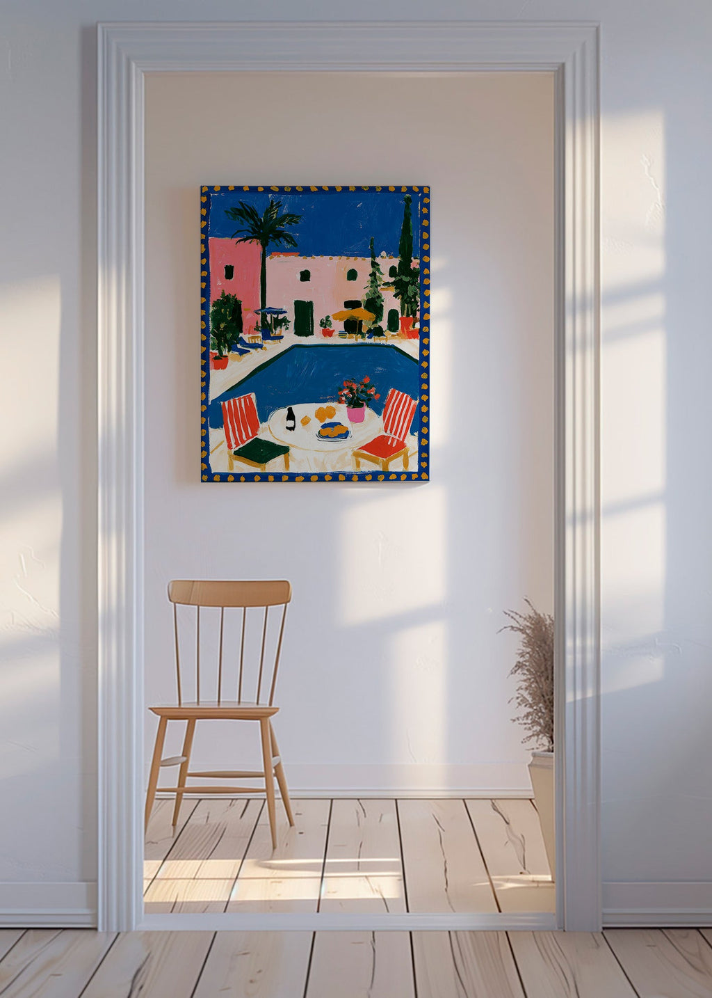 Poster de viagem: vila rosa com piscina