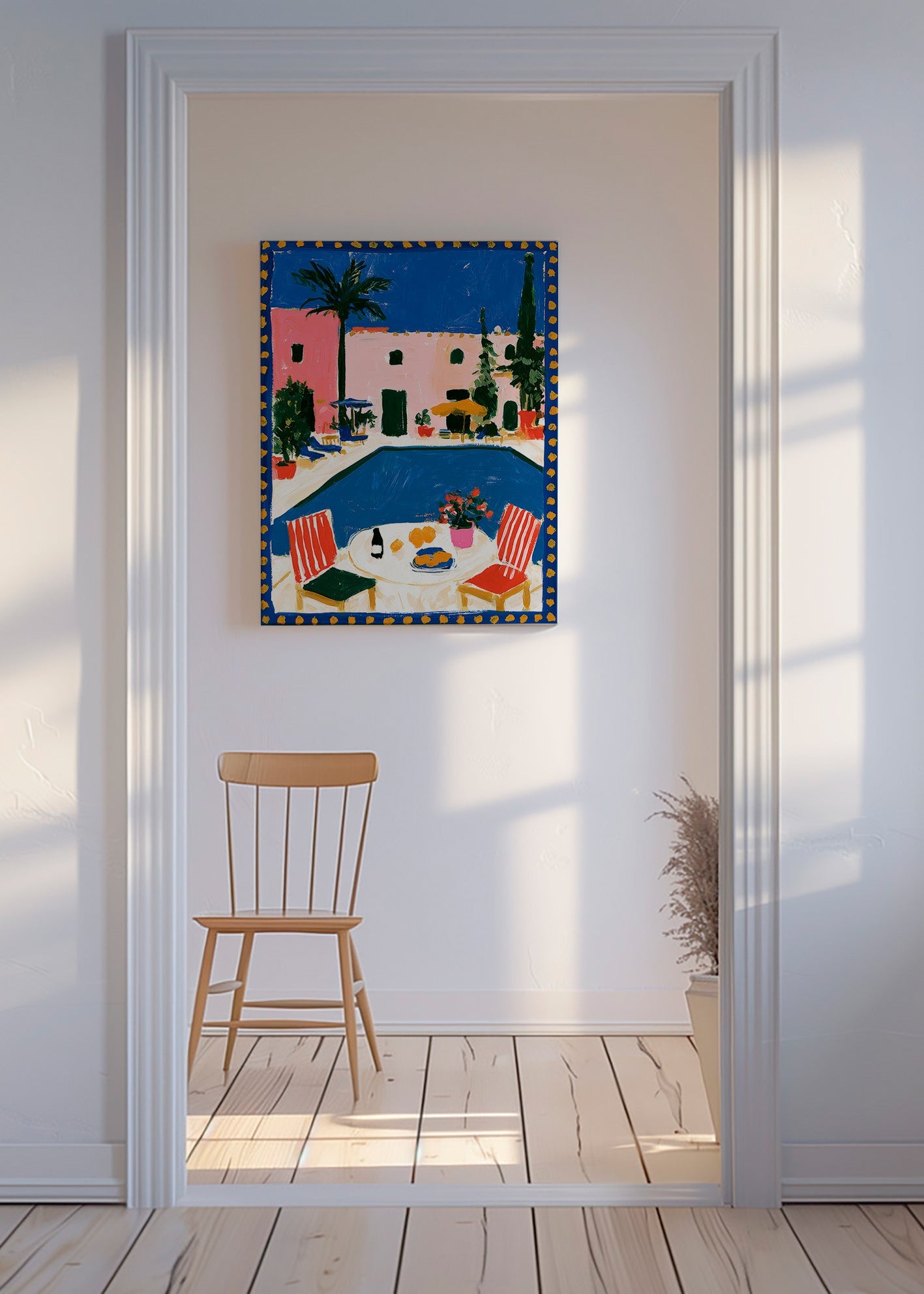 Poster de viagem: vila rosa com piscina