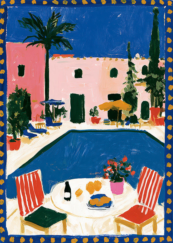 Poster de viagem: vila rosa com piscina