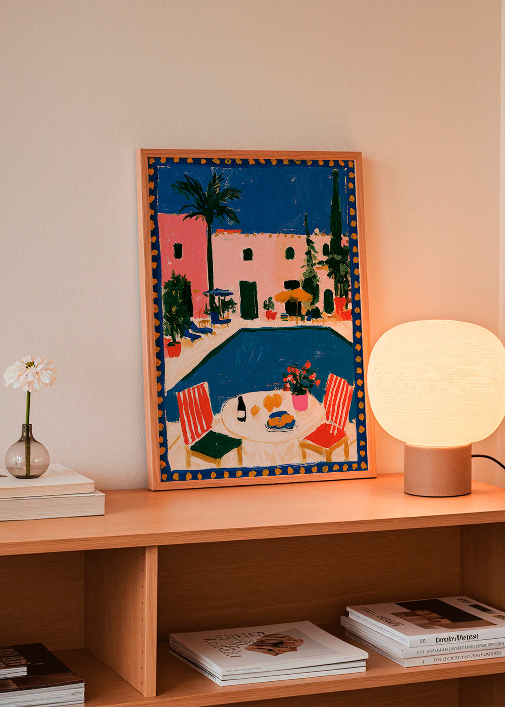 Poster de viagem: vila rosa com piscina
