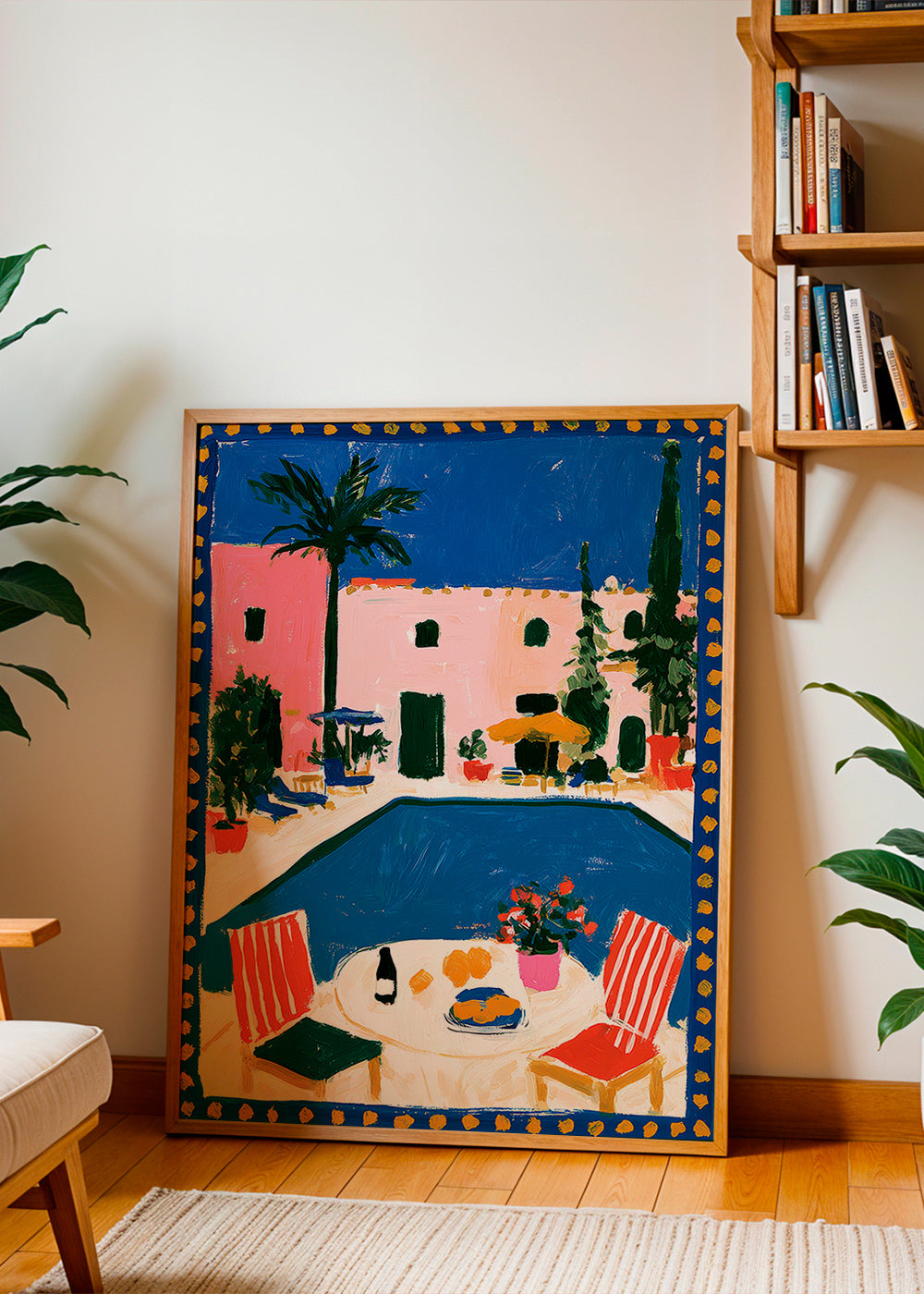 Poster de viagem: vila rosa com piscina