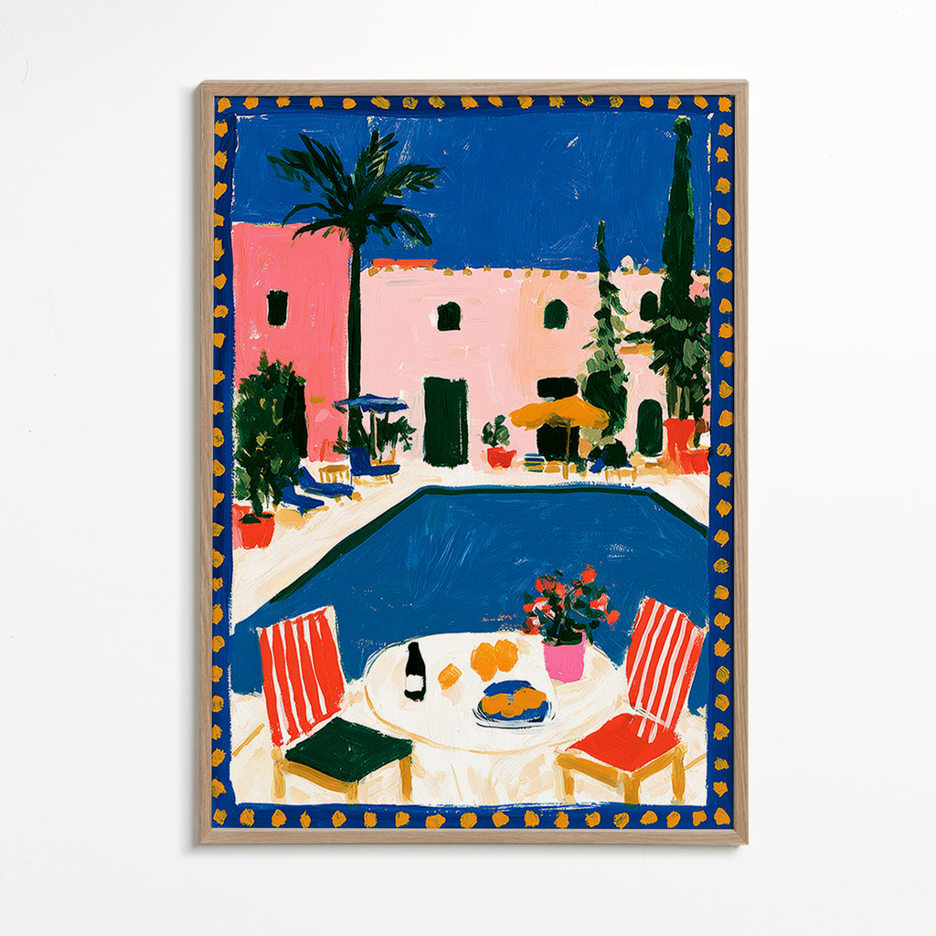 Poster de viagem: vila rosa com piscina