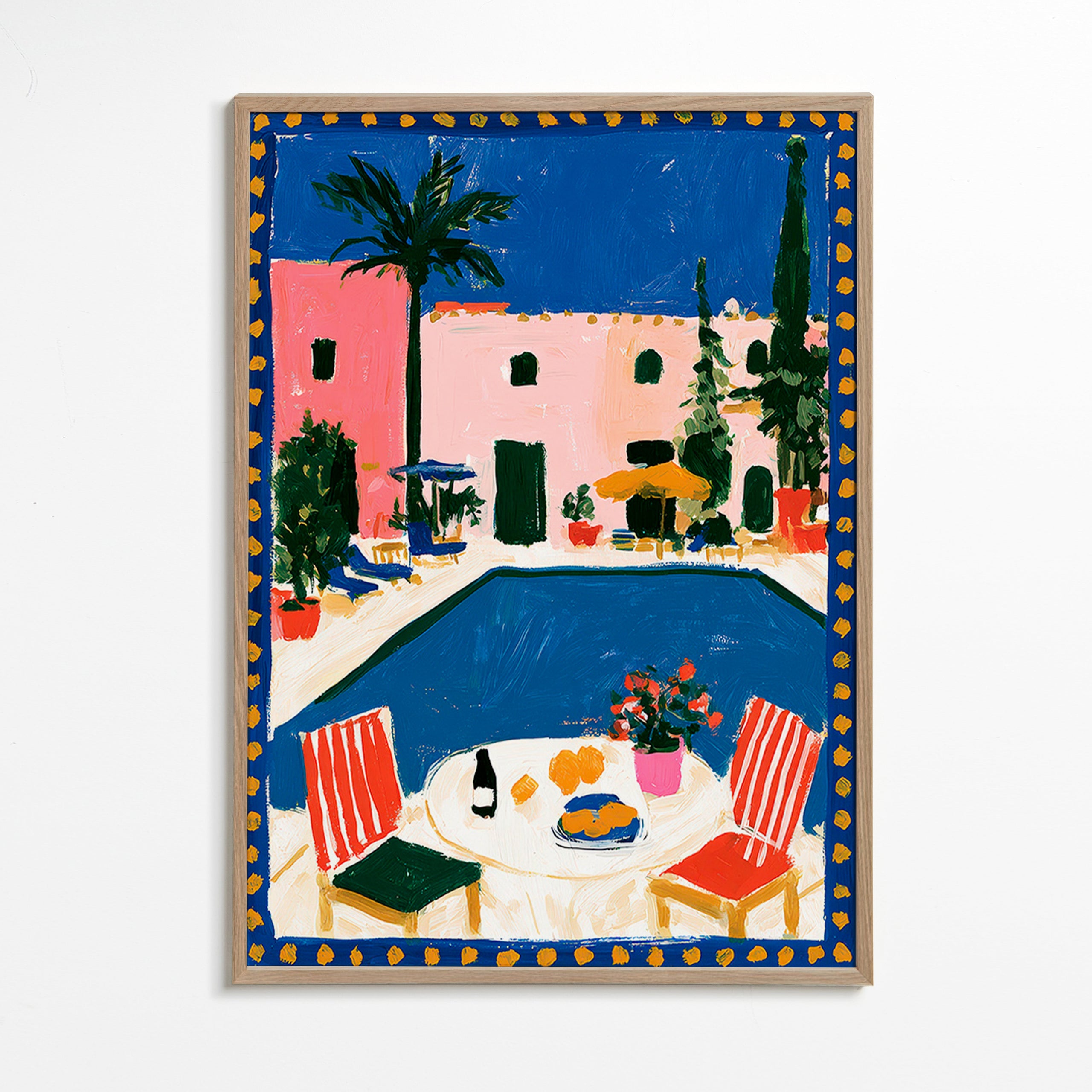 Poster de viagem: vila rosa com piscina